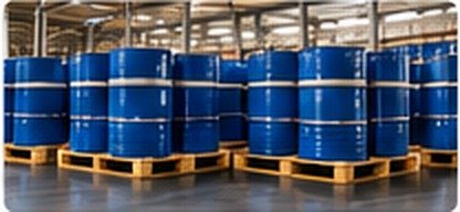 Industrial chemical drums in warehouse
